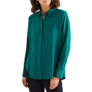 Theory Teal Green Sunaya Urban Crepe Button down Long Sleeve Shirt Top small S